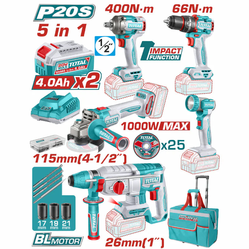 Super Combo Del Mes Total 20V Taladro De Impacto 66 Nm Llave De Impacto 400 Nm Martillo Perforador 2,5 J Amoladora Angular 1000W Lámpara 5W