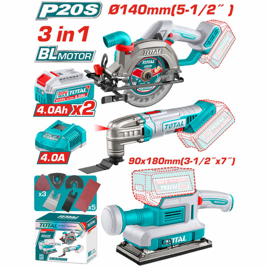 Combo Del Mes Total Inalámbrico. Sierra Circular 20V 140 Mm (5 ½″) Mototool 5,000 – 20,000Rpm, Lijadora De Hoja 90 X180 Mm 13000 Rpm. Incluye Cargador y Baterías.