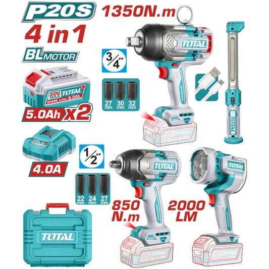 Combo Del Mes Total Inalámbrico 4 En 1 Llaves De Impacto 3/4″ Torque 1350Nm Y De 1/2″ 850Nm Lámparas De Trabajo 22,5 W Y De 3,5 W Incluye Cargador Y Baterías Y Accesorios.