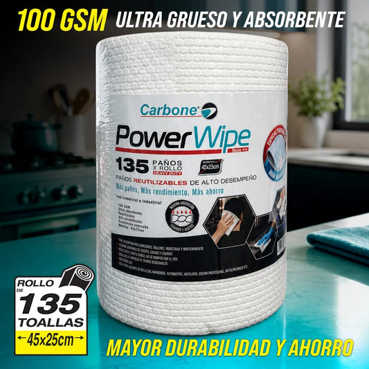 Paño Industrial Toalla Reutilizable Carbone Powerwipe Rollo De 135 Hojas (45X25cm) Ultra Grueso y Absorbente 100 GSM Mayor Durabilidad y Ahorro