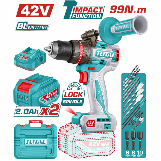 Drill Taladro Inalámbrico 99N.M 42V Función De Impacto. Motor Sin Escobillas. Incluye Batería, Cargador y Accesorios.