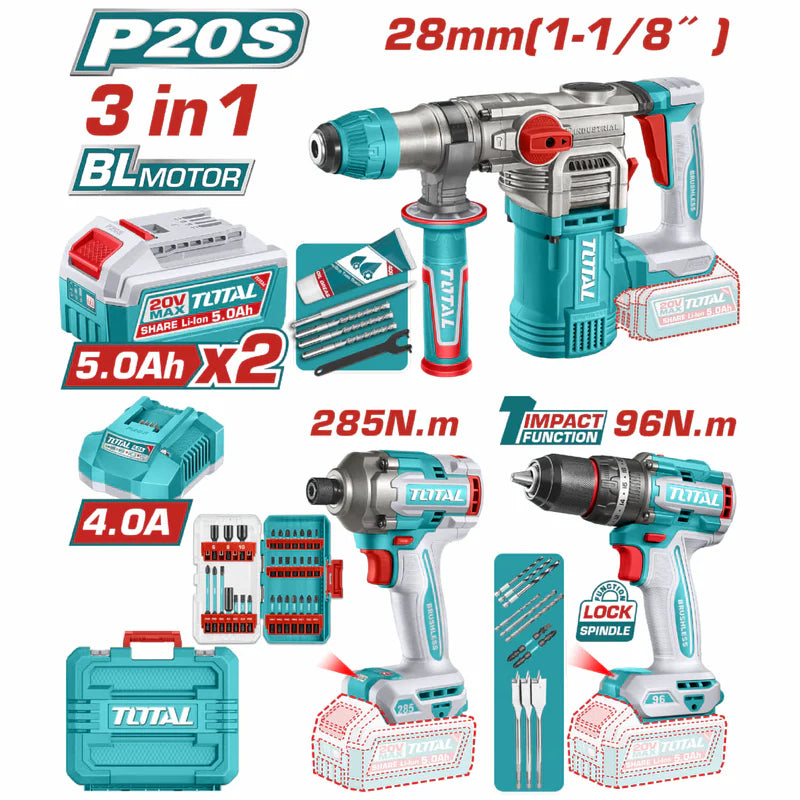 Combo Del Mes Total Inalámbrico. Martillo Perforador 4.5 J, Taladro Percutor 96 Nm Atornillador 6.35 Mm Incluye Cargador Y Baterías.