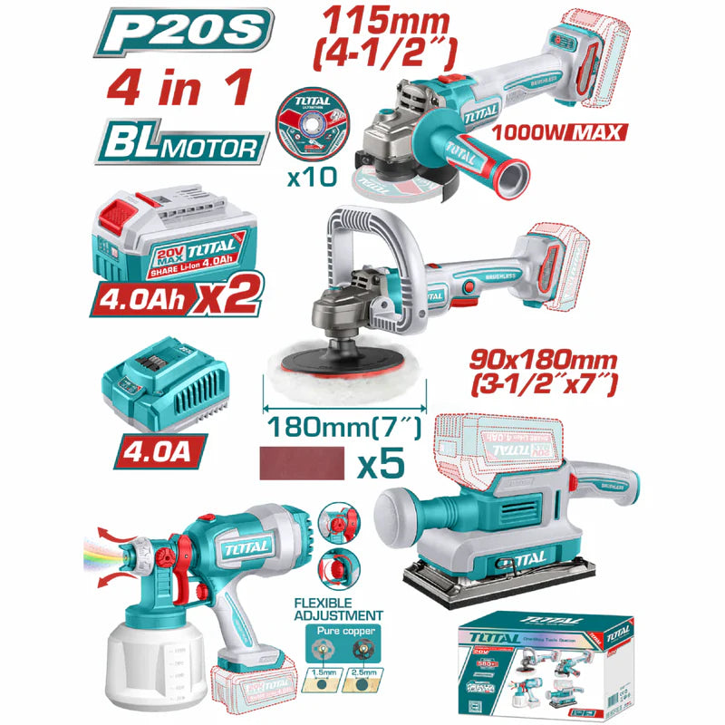 Combo Del Mes Total Inalámbrico. Esmeriladora Angular 1000 W 4-1/2'', Pulidora Inalámbrica 5/8''-11UNC, Lijadora 13000 Rpm Pistola De Pintura 800Ml Incluye Cargador Y Baterías.