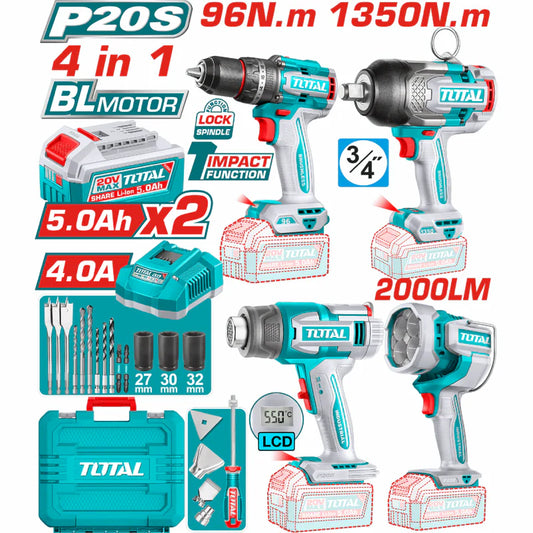 Combo Del Mes Total Inalámbrico. Taladro Percutor 96Nm, Lámpara De Trabajo 22.5W, Pistola De Calor 30-550°C Llave De Impacto 1350Nm 3/4" Incluye Cargador, Baterías Y Accesorios.