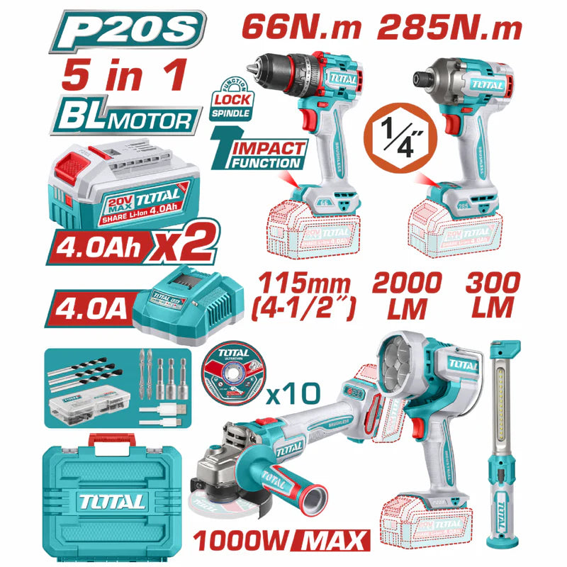 Combo Del Mes Total Inalámbrico. Taladro Percutor 1/2" 66Nm, Atornillador 285 Nm Esmeriladora Angular 1000W 4-1/2'' Lámparas De Trabajo 22.5 W Y 3.5 W Incluye Cargador Y Baterías.