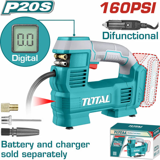 Compresor De Aire Inalámbrico Automático 20V Con Luz LED, Pantalla Digital Y Adaptadores. 160 PSI. No Incluye Batería Ni Cargador.