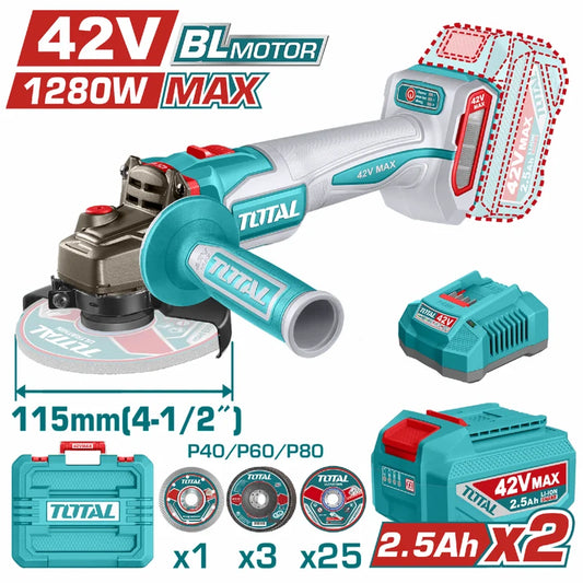 Flexible Esmeriladora Inalámbrica 4 1/2" 42V Potencia De Entrada: 1280W Incluye Discos, Batería, Cargador y Estuche. Esmeril Angular