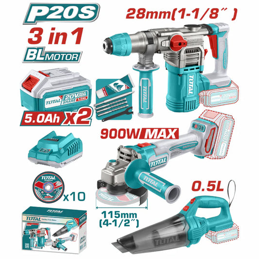 Combo Del Mes Total 20V Rotomartillo 4400 Bpm 4.5 J. Esmeriladora Angular 9000 Rpm Diámetro 4-1/2'' Aspiradora Inalámbrica ≥9 Kpa Incluye: Batería, Cargador Y Accesorios.