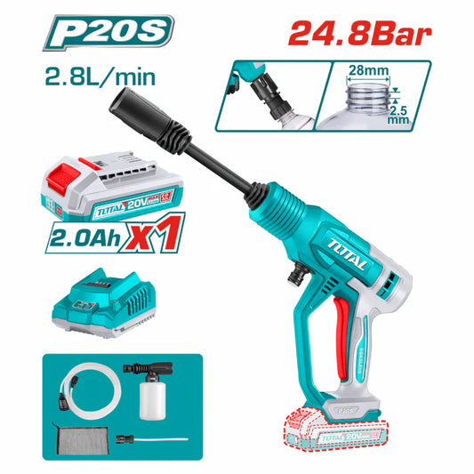 Hidrolavadora Inalámbrica 20V Portátil 24.8 Bar. Caudal 2.8L/Min. Incluye Batería y Cargador.