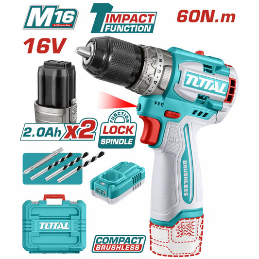 Taladro Inalámbrico 16V 1/2" 60 Nm Impacto. Motor Sin Escobillas. Incluye Batería Y Cargador. Super Total