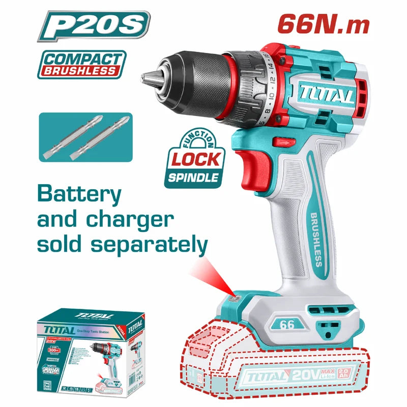Drill Taladro Inalámbrico 1/2" 20V 66 Nm 22+1 Motor Sin Escobillas. Batería y Cargador Por Separado. Super Total