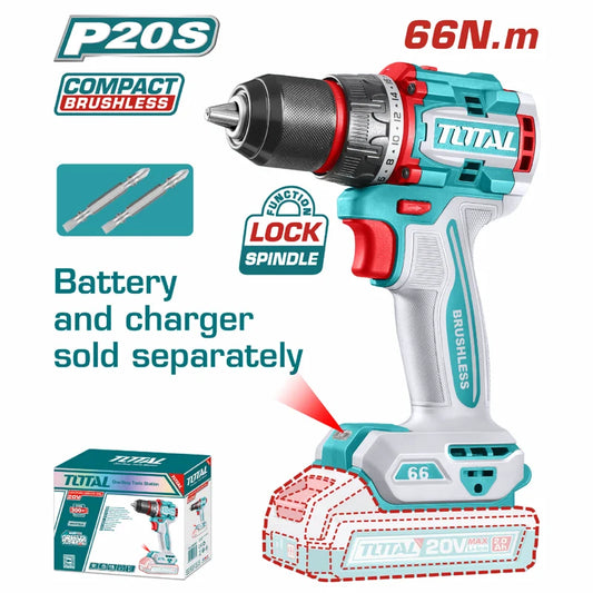 Drill Taladro Inalámbrico 1/2" 20V 66 Nm 22+1 Motor Sin Escobillas. Batería y Cargador Por Separado. Super Total