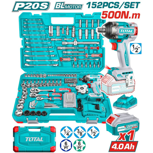 Combo Del Mes Total 20V Llave De Impacto Dado Cuadrado 1/2" 500Nm. Set De Herramientas 152 Piezas. Batería 4.0Ah Y Cargador