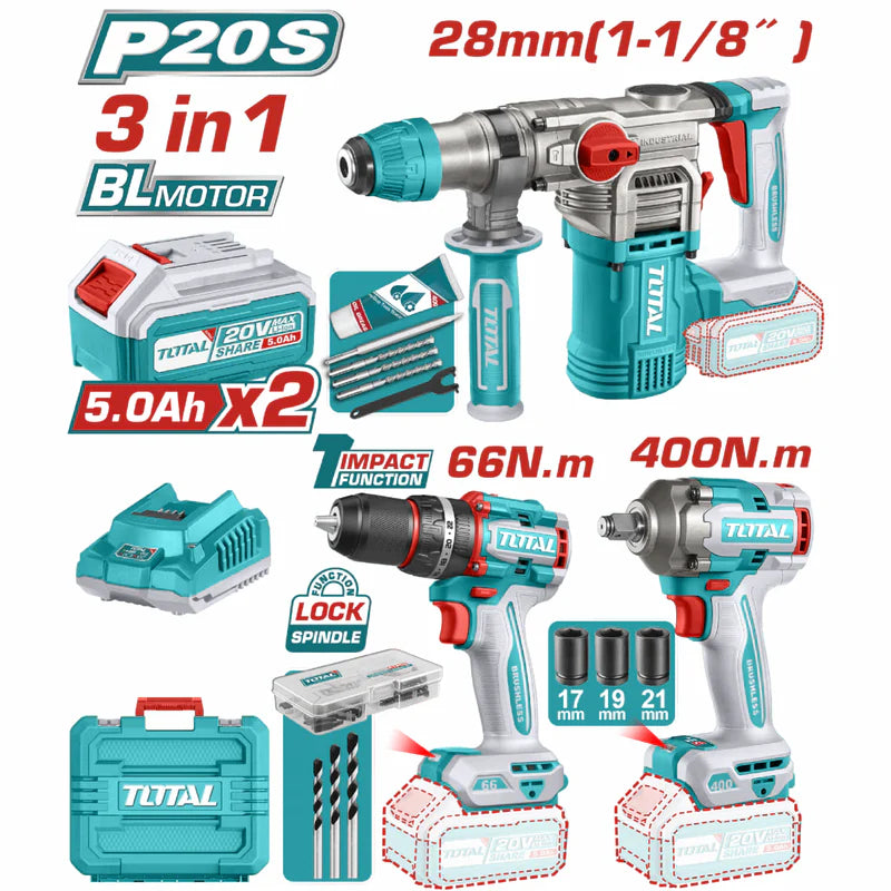 Combo Del Mes Total 20V Martillo 930 Rpm. Llave De Impacto 1/2" 550Nm Taladro De Impacto 66Nm. Incluye Batería Y Cargador.