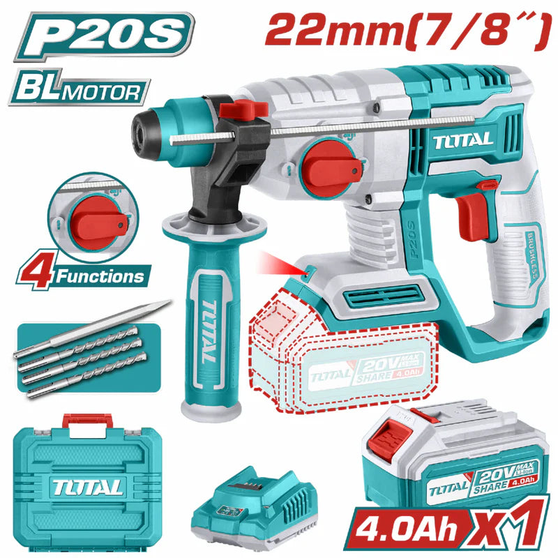 Taladro Rotomartillo 20V Con Motor Sin Escobillas 5400Bpm Perfora 22Mm En Concreto. Incluye Brocas, Batería Y Cargador. Martillo Rotativo Demoledor.
