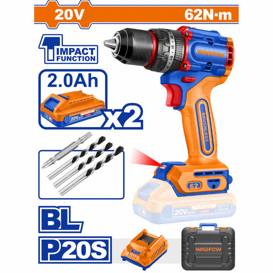 Drill Taladro Inalámbrico ½” 20V 62Nm 30,000Bpm Motor Sin Escobillas. Incluye Batería 2.0Ah y Cargador