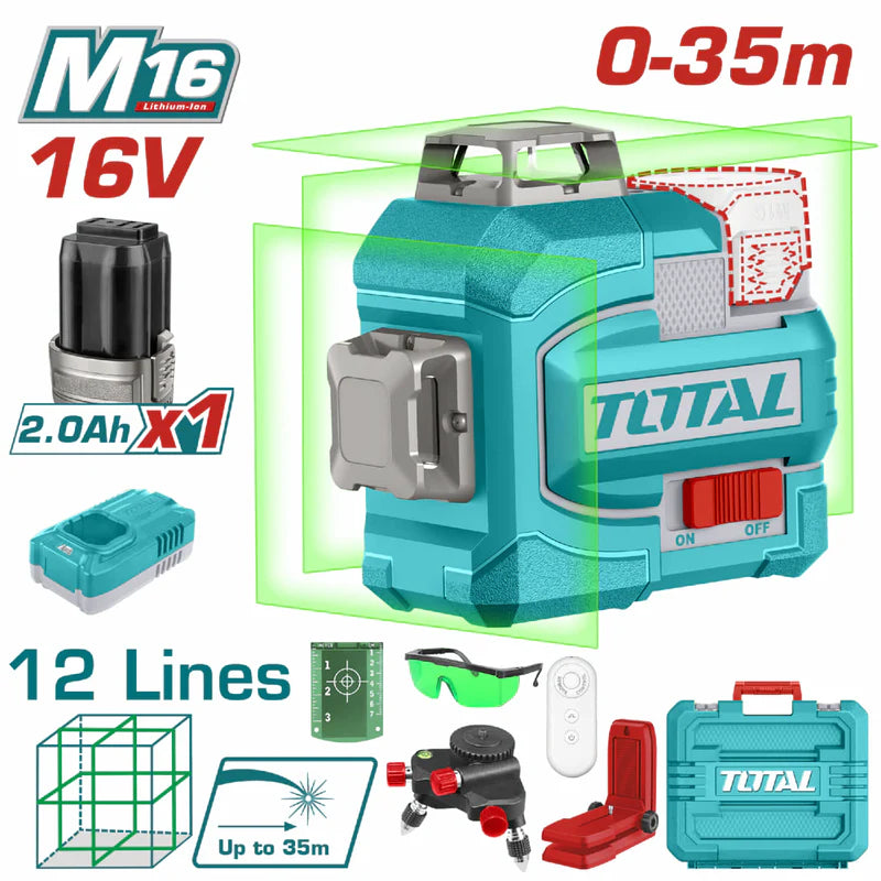 Nivel Láser Autonivelante (Láser Verde) 16V Rango De Trabajo: 0~35 M Tres Planos 360° 3D Incluye Batería Y Cargador. Kit Con Accesorios.