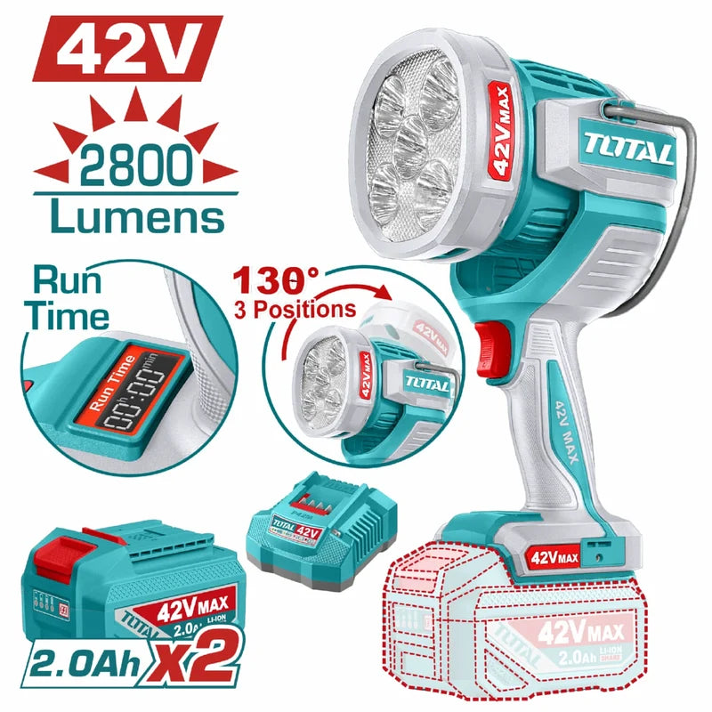 Lámpara De Trabajo Inalámbrica 42V. 2800 Lumens. Cabeza Giratoria De 130°. Incluye Cargador Y Batería. Linterna