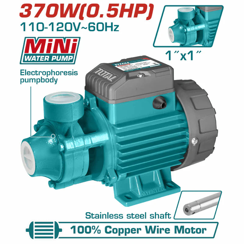 Bomba De Agua Periférica De Alto Rendimiento 370W 0.5HP Voltaje: 110-120V. Flujo Máximo: 30L. Succión: 8M.