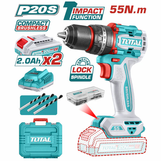 Drill Taladro Inalámbrico De 1/2" 20V Función De Impacto. Motor Sin Escobillas. 55Nm. Incluye Baterías y Cargador.