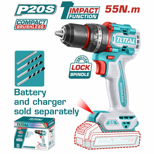 Taladro Inalámbrico De 1/2" 20V Función De Impacto. Motor Sin Escobillas. 55Nm. No Incluye Batería Ni Cargador.