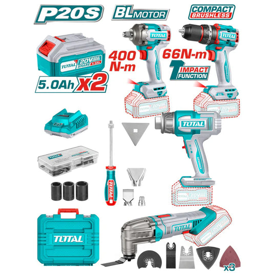 Combo Del Mes Total 20V Llave De Impacto 20V 1/2” 400Nm. Taladro De Impacto 66Nm 30000 Bpm Flexible Multitool 6 Veloc. 20000 Rpm Pistola De Calor 30-550°C