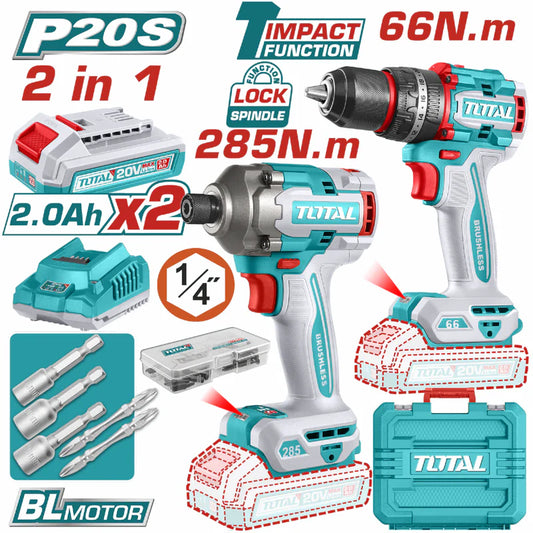 Super Combo Total 20V Taladro Impacto 66Nm Y Destornillador Impacto 285Nm20v Inalámbricas Poderosas Y Potentes Con Batería Y Cargador.