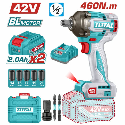 Llave Impacto Dado Cuadrado 1/2" 42V. Motor Sin Escobillas. 460Nm. 2 Baterías y 1 Cargador.