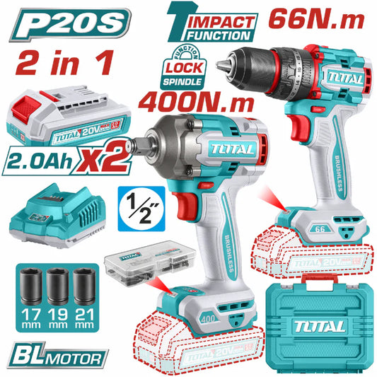 Combo Total 20V Taladro Impacto Y Llave De Impacto 20V Inalámbricas Poderosas y Potentes Con Batería y Cargador.