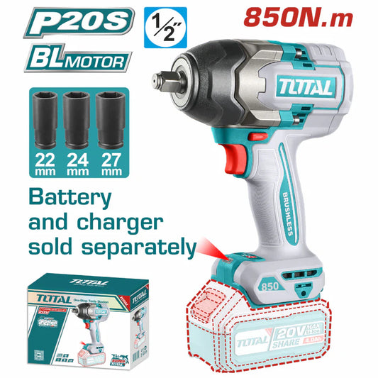 Llave Impacto Dado Cuadrado 20V 1/2" Motor Sin Escobillas. 850Nm Batería y Cargador Se Venden Por Separado. Super Total