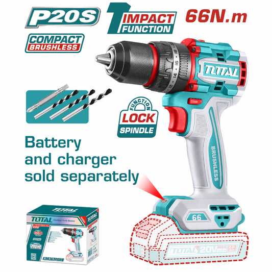 Taladro Inalámbrico 20V 1/2" 66Nm Impacto. Motor Sin Escobillas No Incluye Batería Ni Cargador. Super Total