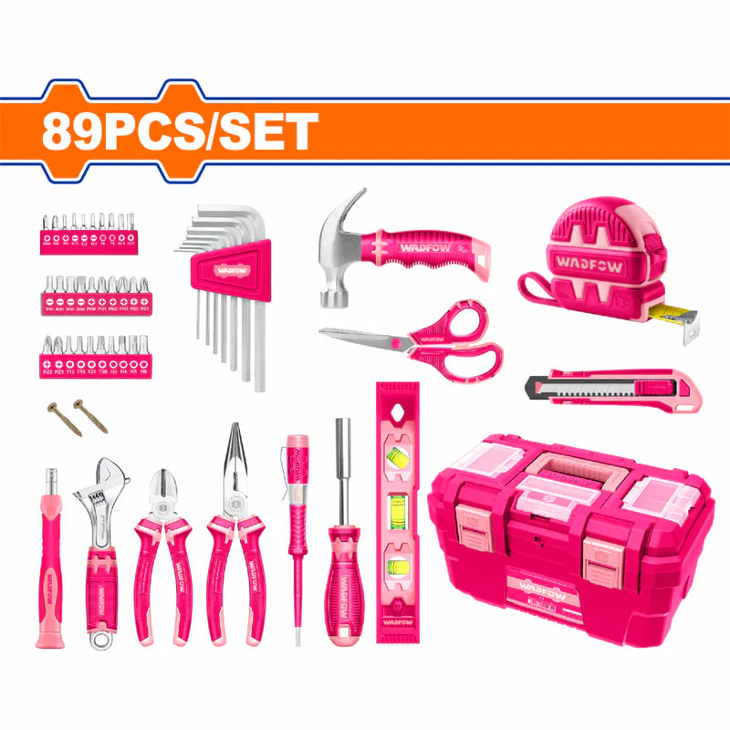 Herramientas Rosadas Manuales Surtidas (Cinta Métrica, Vástago Magnético, Alicates) Set De 89 Piezas.