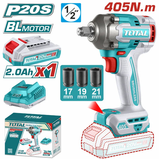 Llave Impacto Dado Cuadrado 1/2" 20V Motor Sin Escobillas 405Nm 0-3000 Bpm 1 Batería y 1 Cargador