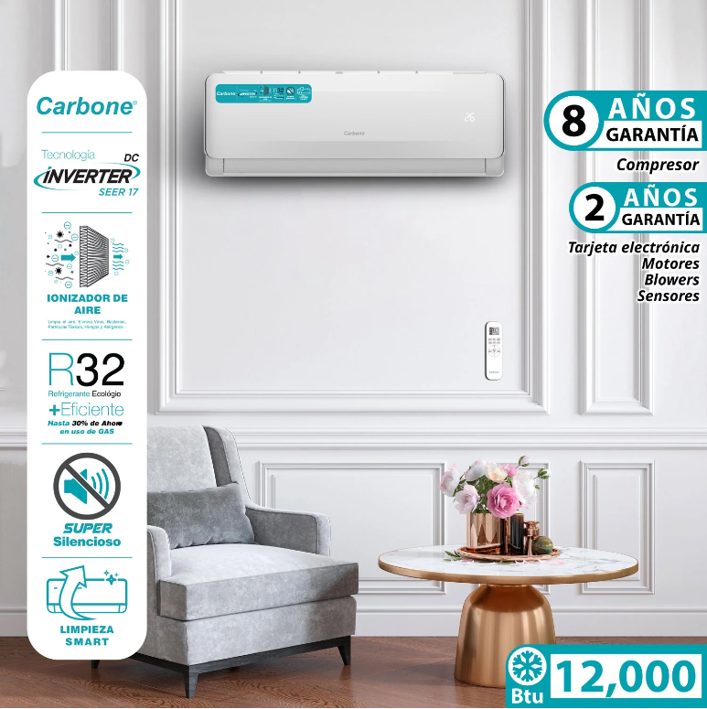 Aire Acondicionado Split Inverter 12,000 Btu R32 Coil De Cobre SEER 17