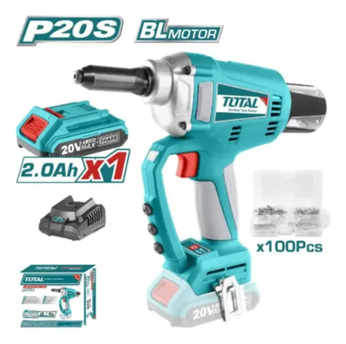 Remachadora Inalámbrica 20V Fuerza: 20Kn. 110-120V ~ 50/60Hz. Motor Sin Escobillas. Carrera De 25 Mm Coloca La Mayoría De Los Remaches En Una Sola Carrera. Luz De Trabajo Integrada. Incluye Batería Y Cargador