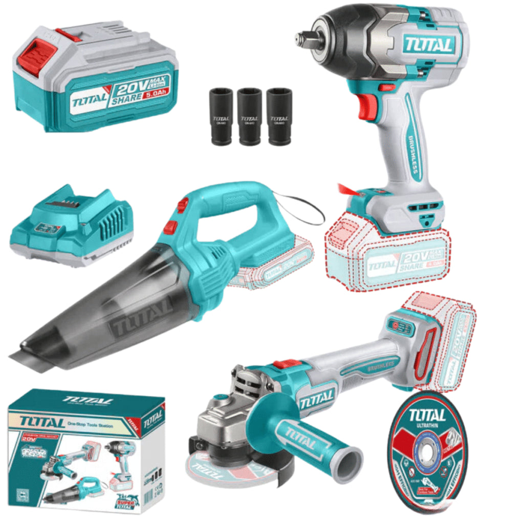 Combo TOTAL 20V Llave de Impacto 1/2" 850 NM. Esmeriladora  Angular 9000 RPM. Aspiradora Inalámbrica =9 KPA. Incluye  2 baterías y 1 cargador
