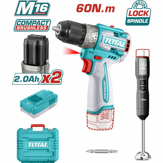 DRILL TALADRO INALÁMBRICO 16V 60N.M. 2000 RPM Y BATIDORA DE MANO