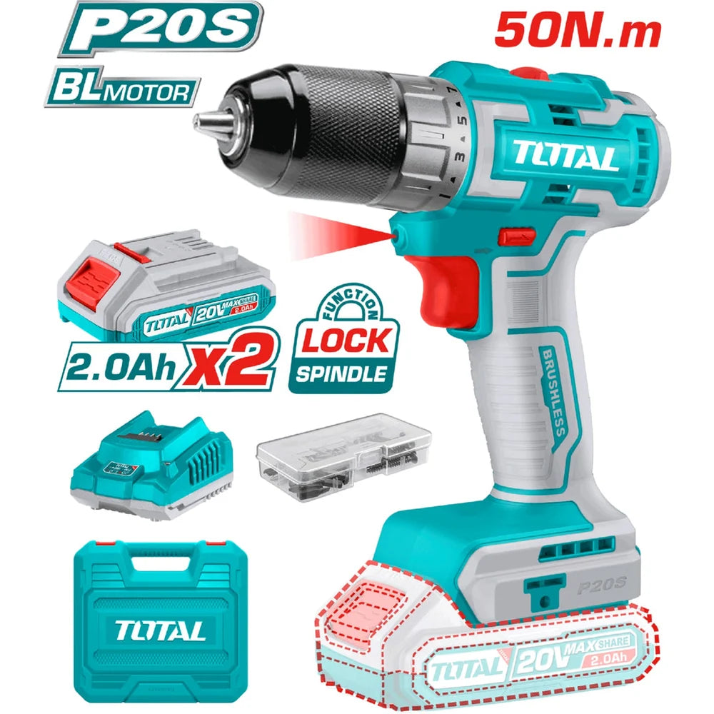 Drill Inalámbrico 20V 3/8" Total 50Nm. Función Bloqueo. Motor Sin Escobillas. Incluye Batería y Cargador