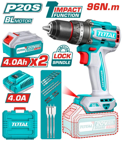 Drill Taladro Inalámbrico 96N.M 20V Función de Impacto. Motor sin escobillas. Incluye Batería, cargador y accesorios.